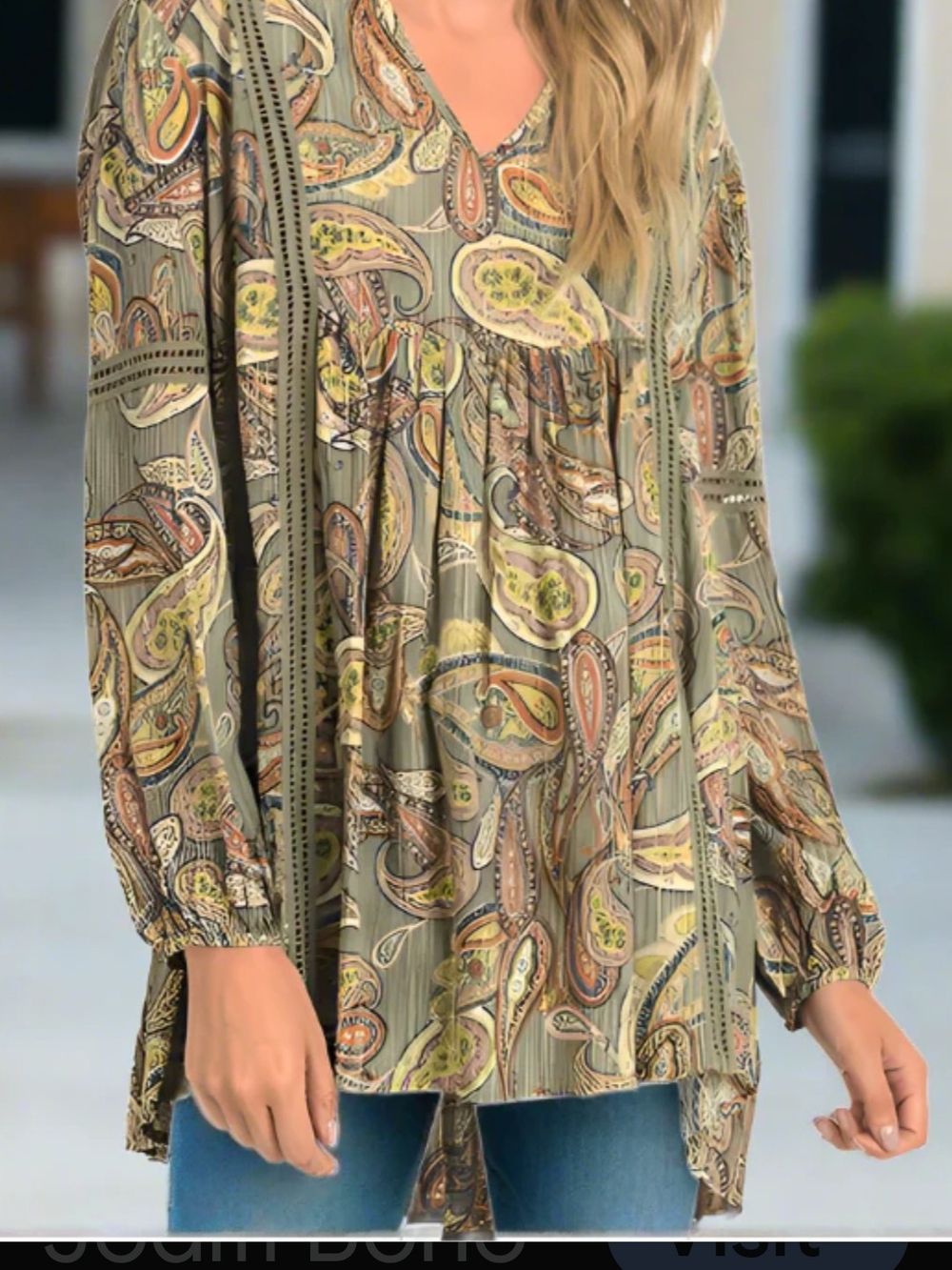 JODIFL Olive Paisley V-Neck Balloon Sleeve Tunic - Picture 3 of 15